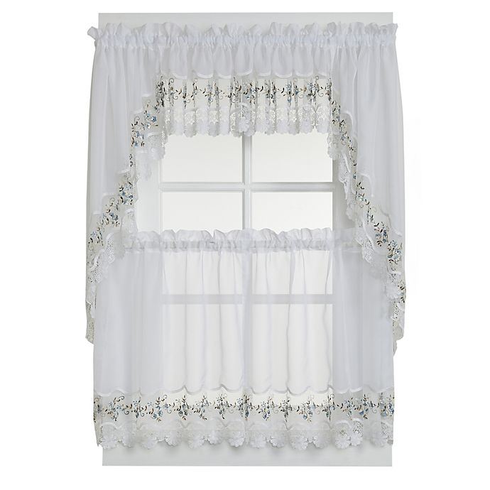 Vintage Sheer Window Curtain Tier Pairs in White/Blue