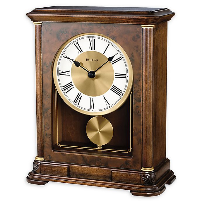 Bulova Wentworth Black & Mahogany Wood and Polished Chrome Mantle Clock B2025 