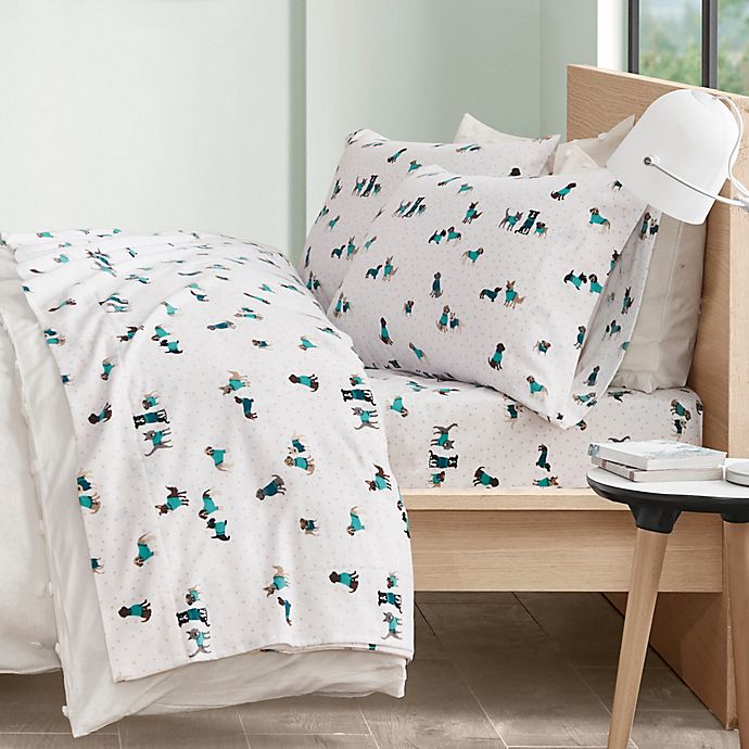 Intelligent Design Cozy Dog Print Flannel Twin XL Sheet Set in Teal