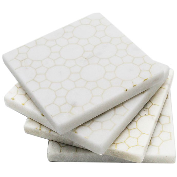 Jodpuri White Marble Coasters with Gold Print (Set of 4)