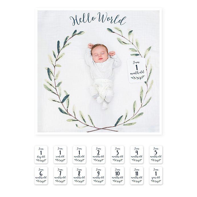 Lulujo Baby Hello World Baby's First Year Swaddle Blanket and Cards Set in White/Green