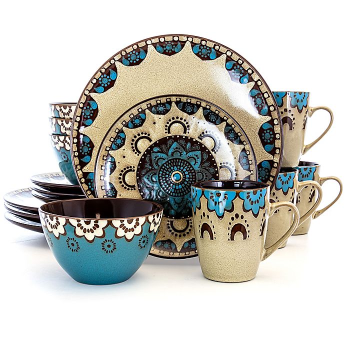 Dinnerware Service Set 16 Piece Stoneware Blue Plates Dishes Bowls Mug Bohemian 