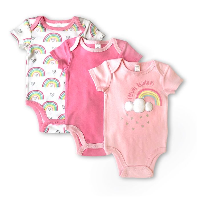 Modern Baby 3-Pack Rainbows Bodysuits in Pink | buybuy BABY