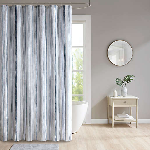 Lara Striped Shower Curtain In Blue, Gray White Striped Shower Curtain