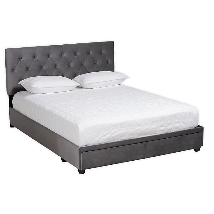 Baxton Studio Alexis Velvet Upholstered Button Tufted Storage Bed in Grey