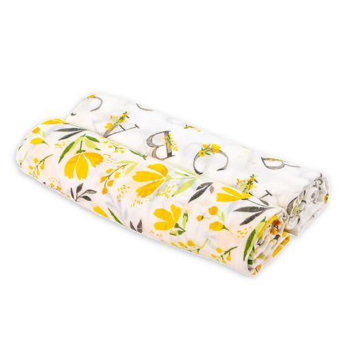 Bebe Au Lait 2 Pack Royal Garden And Alphabet Muslin Swaddle Blankets In White Yellow Buybuy Baby