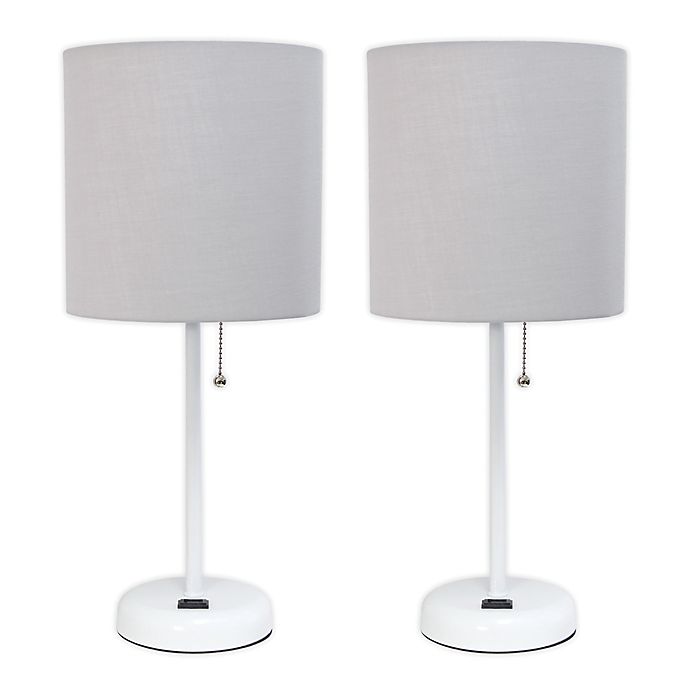 LimeLights Stick Lamps in White with Charging Outlet and Fabric Shades (Set of 2)