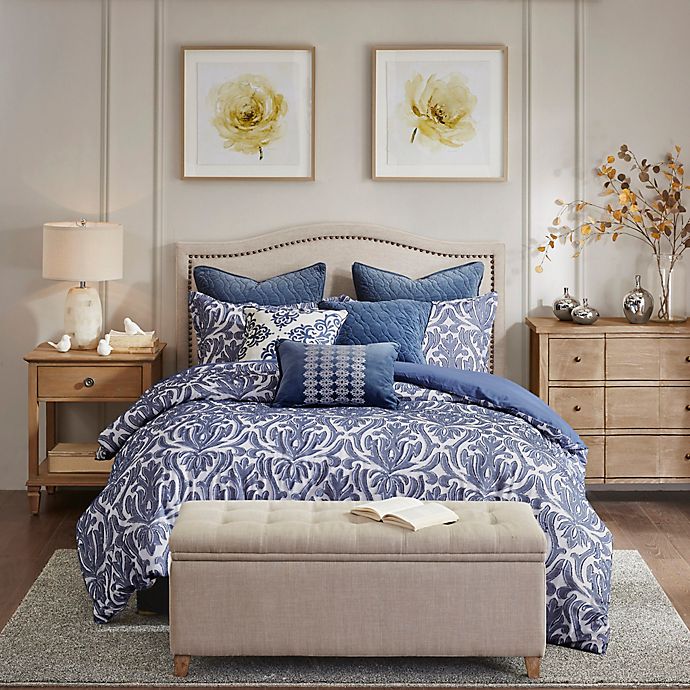 Madison Park Signature Maison Cotton Clip Jacquard Damask Comforter Set in Blue