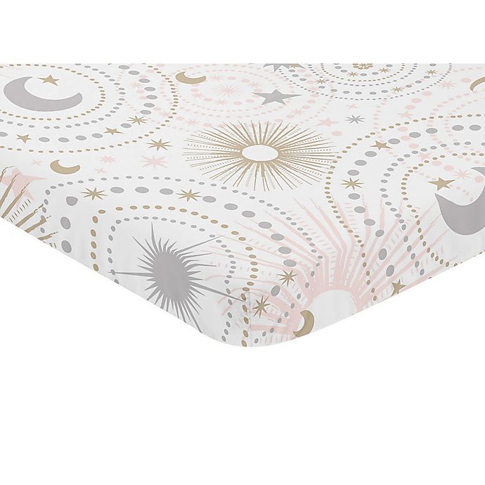 Sweet Jojo Designs Celestial Pink Stars & Moons Print Mini Crib Sheet in Blush/Gold