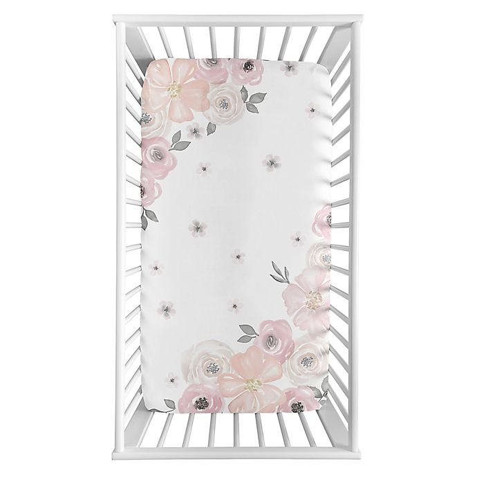 Sweet Jojo Designs Watercolor Floral Corner Floral Crib Sheet in Pink/Grey