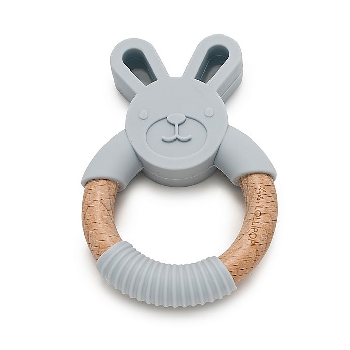 Loulou Lollipop Wood and Silicone Bunny Teether Ring in Light Grey