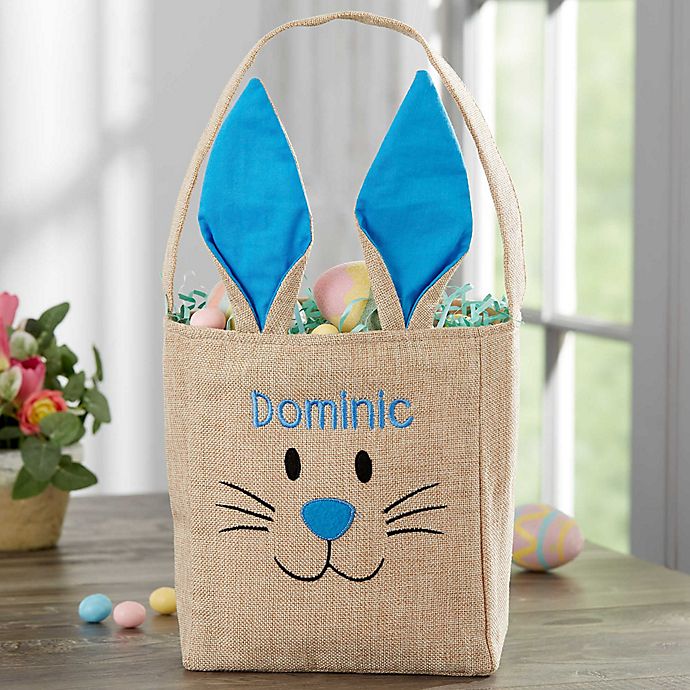 Bunny Face Personalized Burlap Easter Treat Bag in Blue