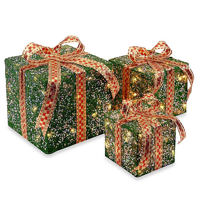 National Tree Company Sisal Pre-Lit Gift Boxes in Green (Set of 3)