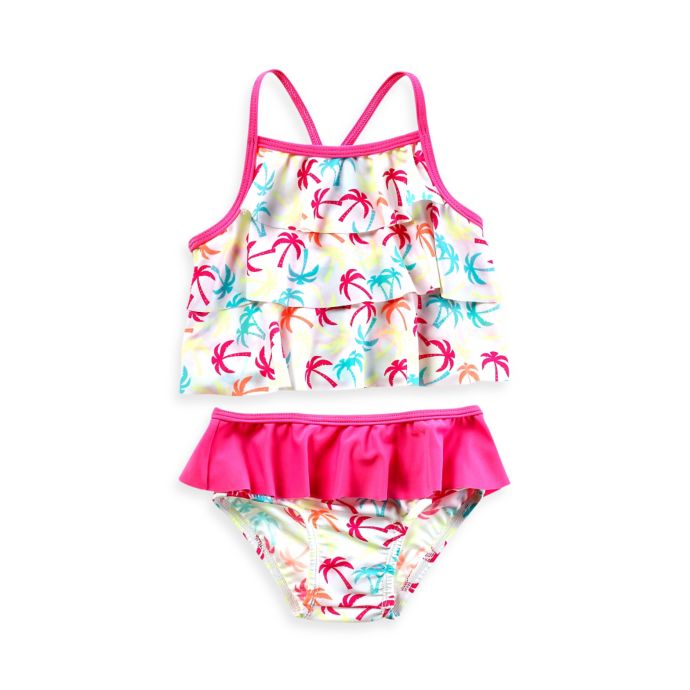 Baby Buns 2-Piece Ruffle Palm Print Swimsuit in White/Pink | buybuy BABY
