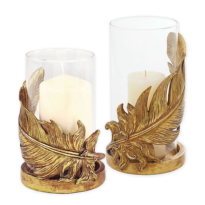 Ridge Road Décor Feather Candle Holder with Hurricane Glass in Gold