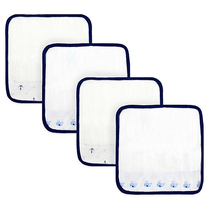 Just Born® Whale/Anchor  4-Pack Washcloths in White/Navy