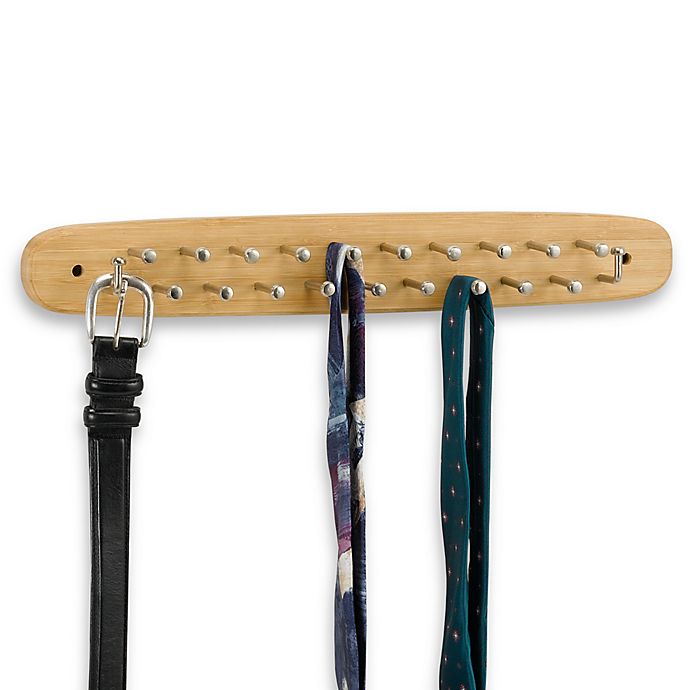 21-Metal Peg Hook Bamboo Finish Tie and Belt Rack