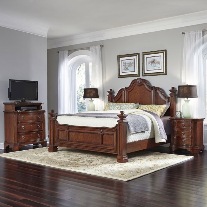 Home Styles Santiago 4-Piece Bed, Nightstands, and Media Chest Set in ...