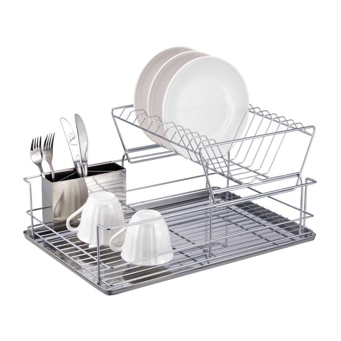 2-Tier Dish rack drainer with two Draining tray and Cup Holder Drying Drainer 