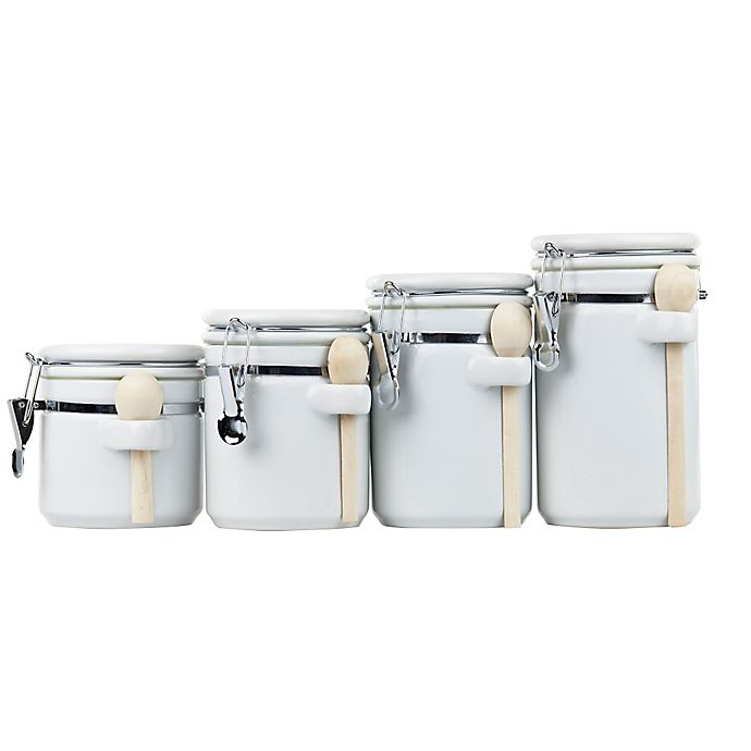 Home Basics 4-Piece Ceramic Canister Set with Spoons in White