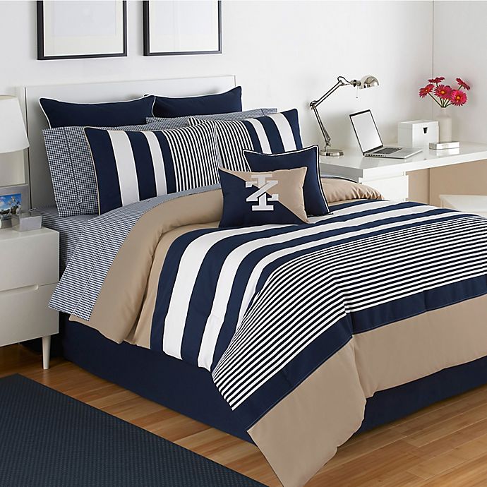 IZOD® Classic Stripe 4-Piece Reversible Queen Comforter Set in Navy/Taupe