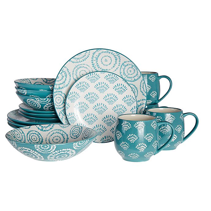 Kitchen Dining Set 16-Piece Dinnerware Plates Bowls Dishes Cup Round Turquoise 