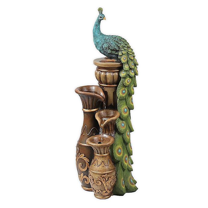 Luxen Home Polyresin Pedestal Peacock and Urns Outdoor Fountain in Brown/Green
