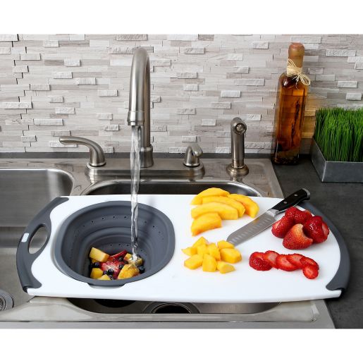 Delightful over the sink cutting board bed bath and beyond Dexas Popware Over The Sink Collapsible Strainer Cutting Board In Grey Bed Bath Beyond