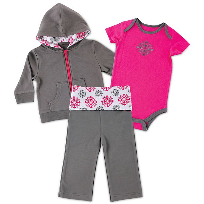 BabyVision® Yoga Sprout 3-Piece Medallion Hoodie, Bodysuit, and Pant Set in Grey/Pink