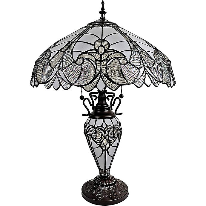 Tiffany Style 2-Light Jagged Edge Table Lamp in Mahogany with Stained Glass Shade
