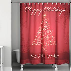 Christmas Red Background With Star Bathroom Fabric Shower Curtain Set 71Inch 
