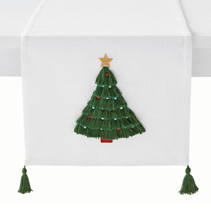 Evergreen Tassels Tree Table Linen Collection in Off White/Green