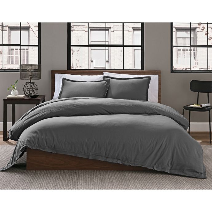 Garment Washed Solid Full/Queen Duvet Cover Set in Charcoal