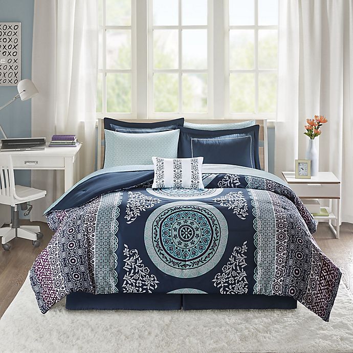 7 Pc Bed In A Bag Navy & Purple Boho Bohemian Girls Twin Comforter & Sheet Set 