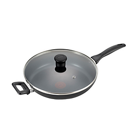 26 Cm Black Aluminium Round Frying Pan Non Stick Insulated Handle With Lid 