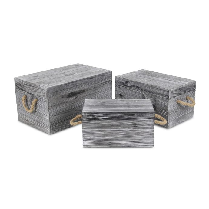Cheungs Decorative Set of 3 Black Wash Wooden Crates With Side Rope