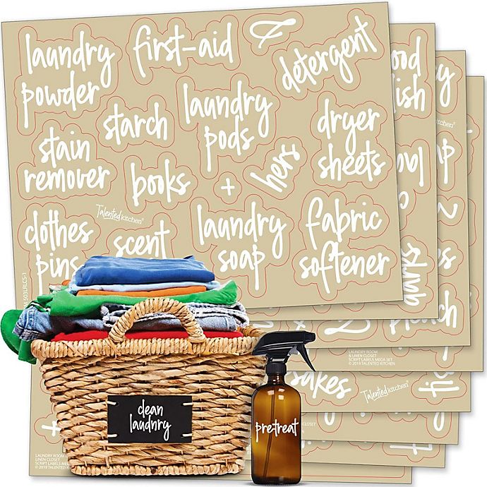 Talented Kitchen 141 Laundry Room Labels for Containers, Preprinted White Script on Clear Vinyl Household Organization Stickers + Numbers for Linen Closet, Glass Cleaning Bottles (Water Resistant)