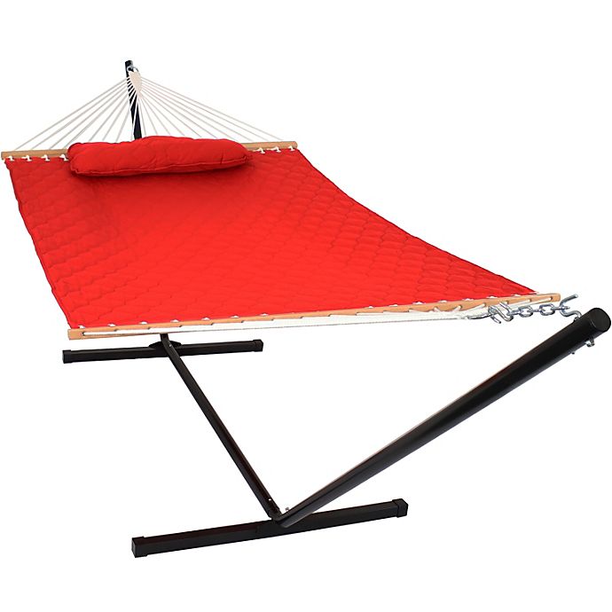 Sunnydaze 2-Person Quilted Fabric Spreader Bar Hammock with 12-Foot Stand - Red