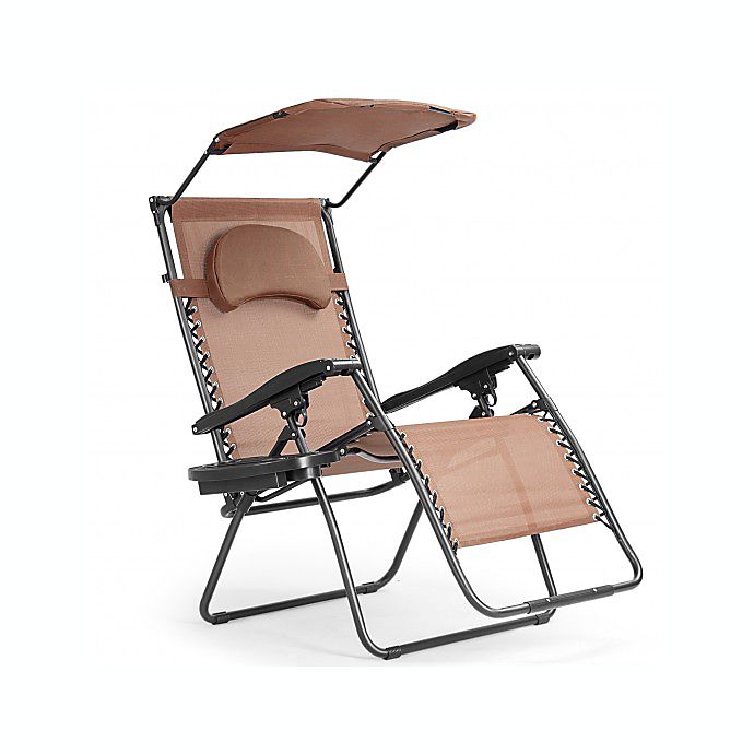 Costway Folding Recliner Lounge Chair with Shade Canopy Cup Holder-Coffee