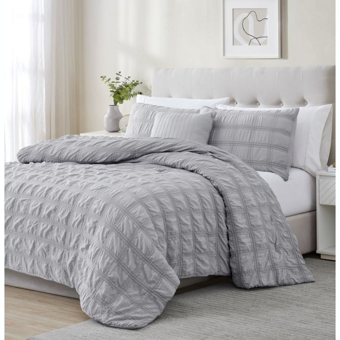 Ramallah Eliza Seersucker Comforter Set 4Piece Queen 86x86", Grey