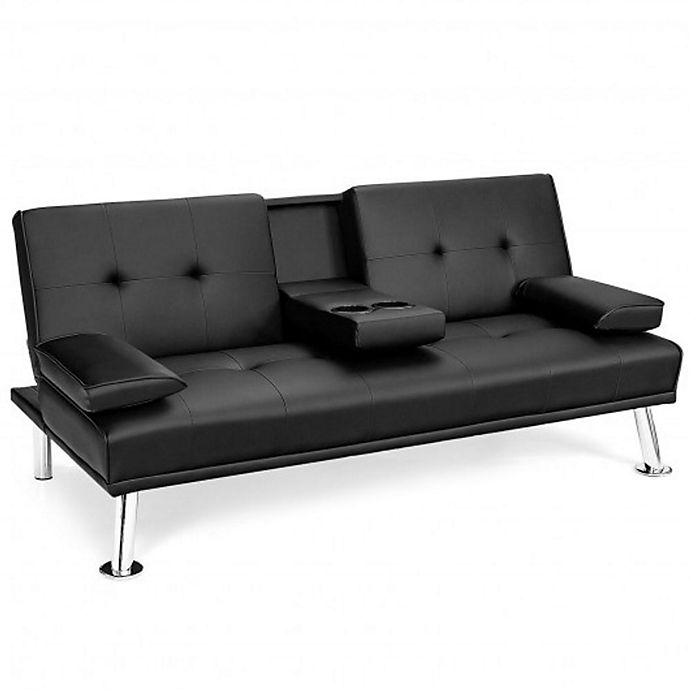 Costway Convertible Folding Leather Futon Sofa with Cup Holders and Armrests-Black