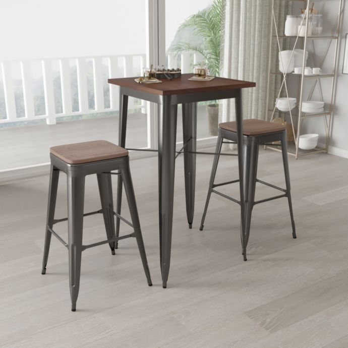 Merrick Lane 3 Piece Bar Table and Stools Set with 23.5" Square Black