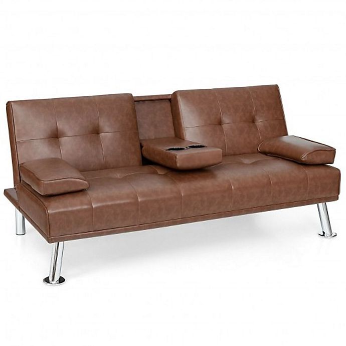 Costway Convertible Folding Leather Futon Sofa with Cup Holders and Armrests-Brown