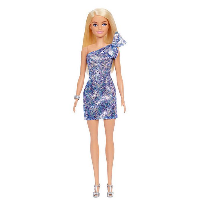 Barbie Blonde Hair Blue Eyes with Short Blue Sequins Mini Dress and Silver Platform Shoes