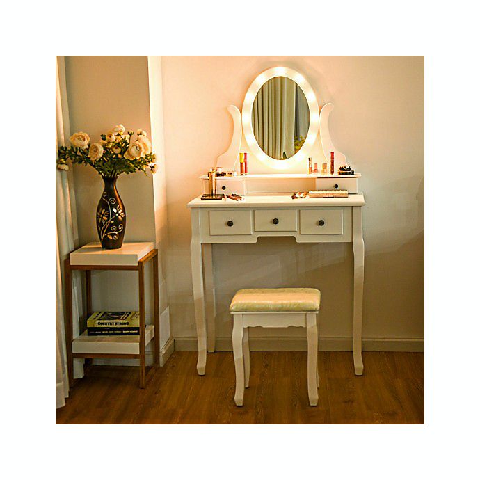 Costway 5 Drawers Vanity Table Stool Set with 12-LED Bulbs-White