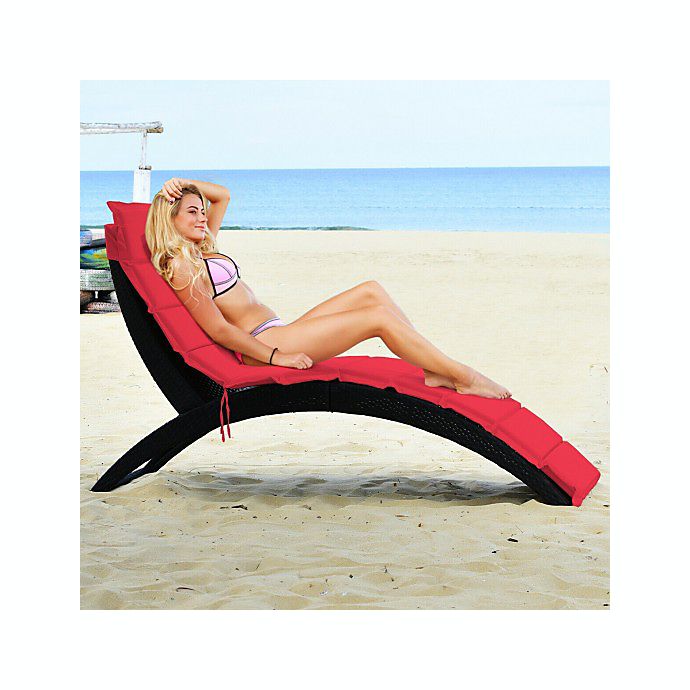 Costway Folding Patio Rattan Portable Lounge Chair Chaise with Cushion-Red