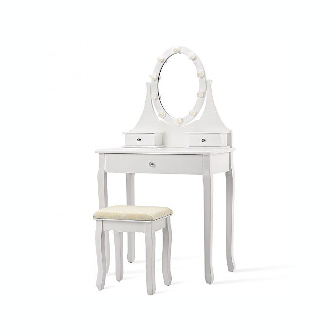 Costway 3 Drawers Lighted Mirror Vanity Dressing Table Stool Set-White