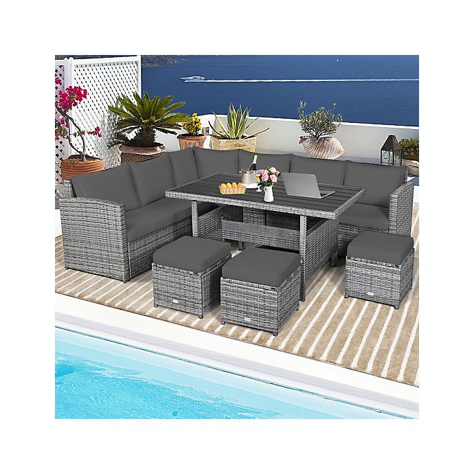 Costway 7 Pieces Patio Rattan Dining Furniture Sectional Sofa Set with Wicker Ottoman-Gray
