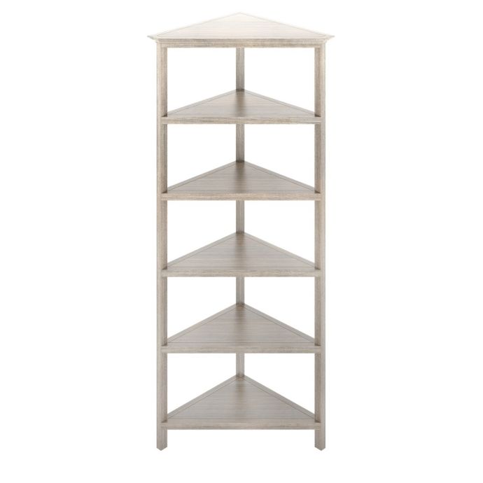 NewRidge Home Goods 5Tier Corner Wooden Bookcase, Washed Grey Bed