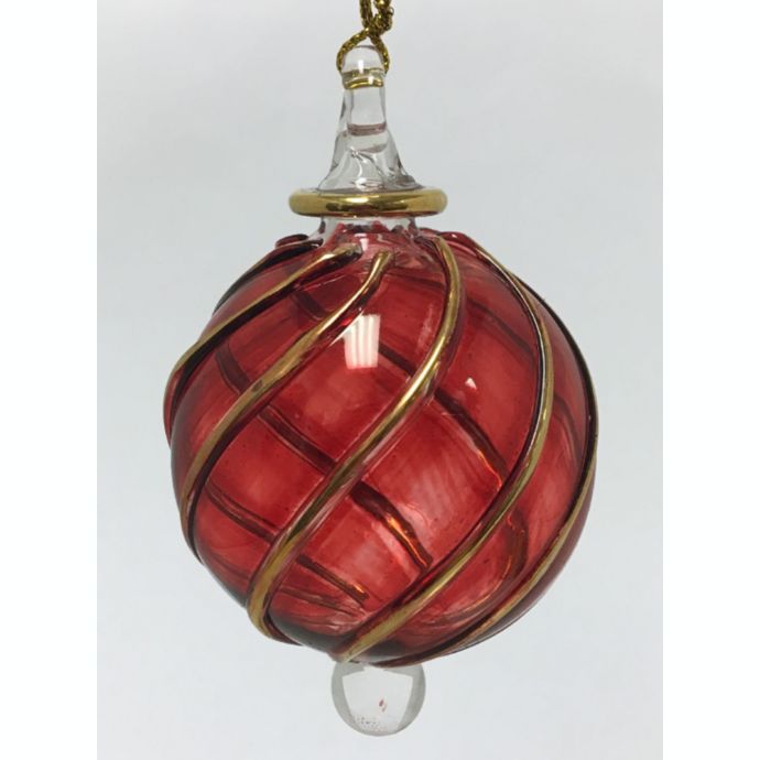 Red and Gold Swirl Ball Egyptian Glass Christmas Tree Ornament Made in